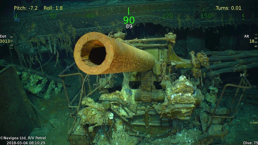 Wreckage of the USS Lexington shows the decaying barrel of a cannon.