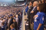Vice President Mike Pence stands during the anthem