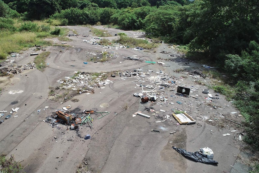 Aerial view of the former Stuart Drive-In site which is heavily littered and overgrown