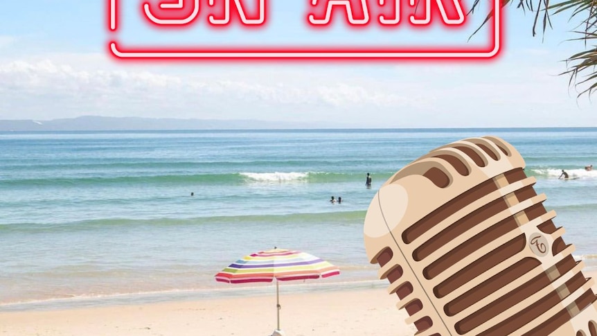 photo of waves breaking on beach with 'on air' logo 