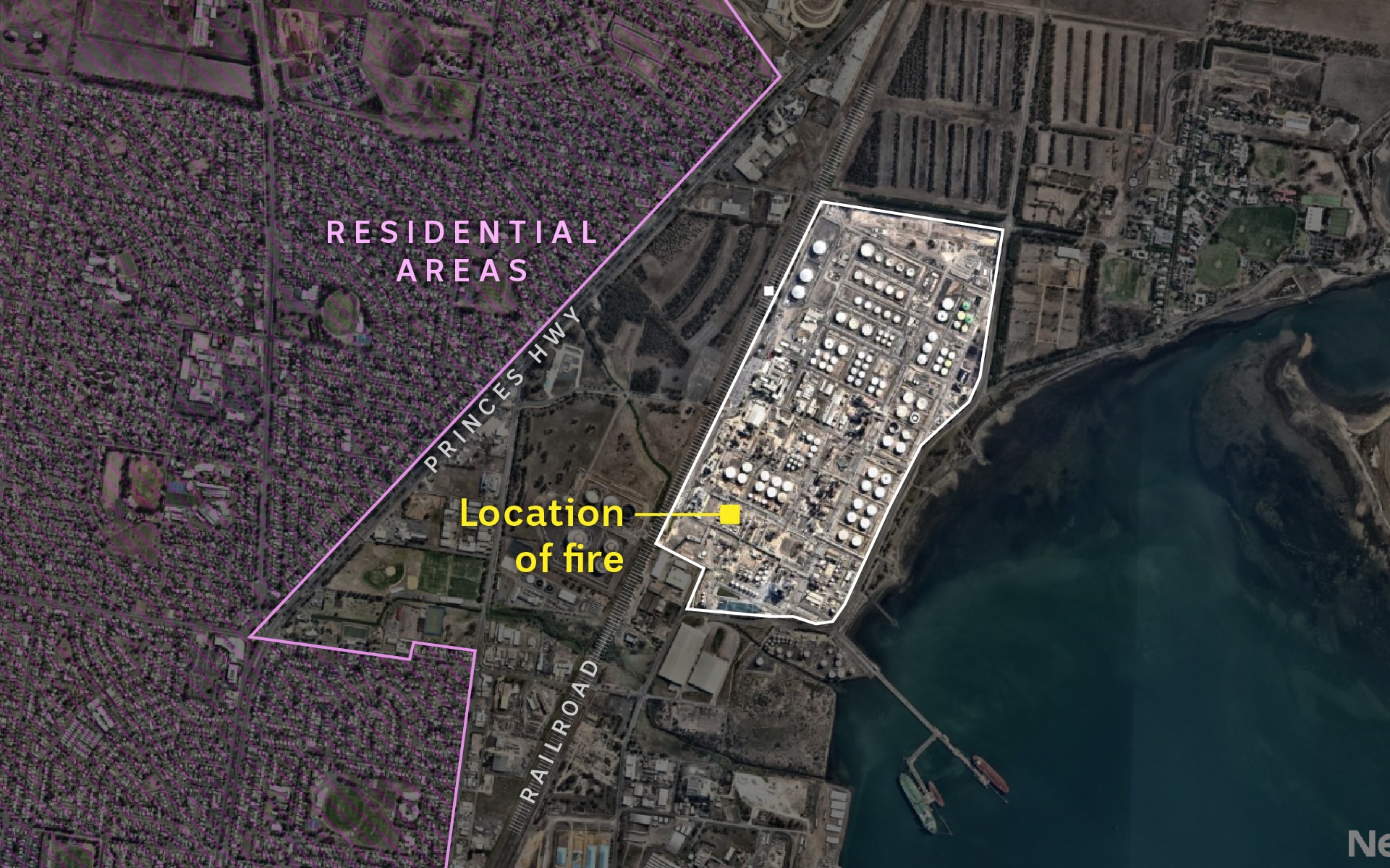 A map showing the location of the Geelong oil refinery in relation to residential homes.