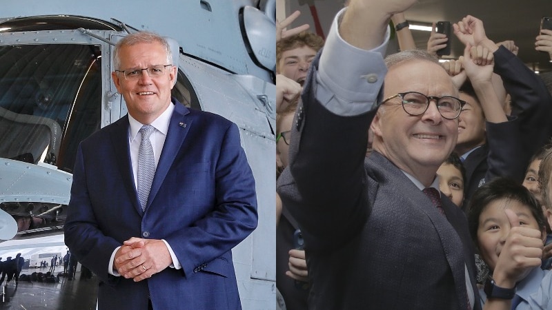A photo composite of Scott Morrison with a helicopter and Anthony Albanese with school kids