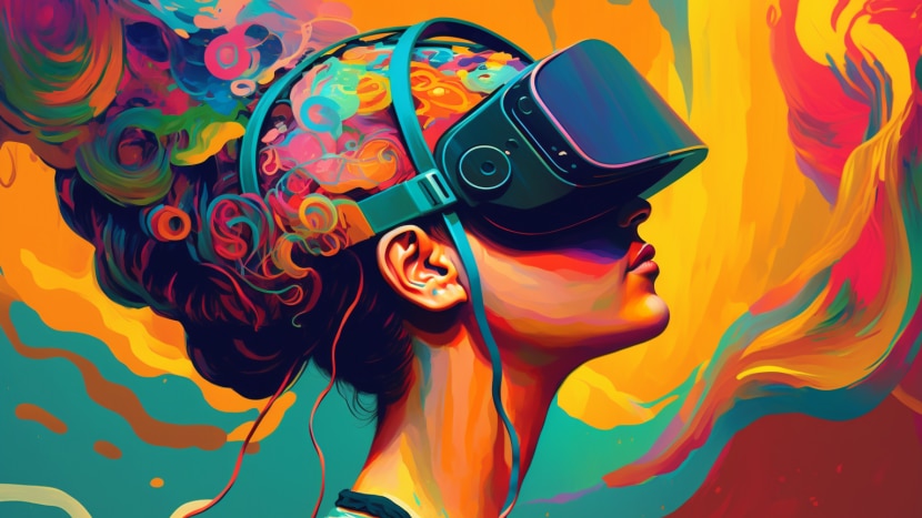 A drawing of a woman wearing a VR headset against a psychedelic background
