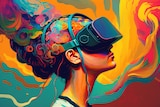 A drawing of a woman wearing a VR headset against a psychedelic background