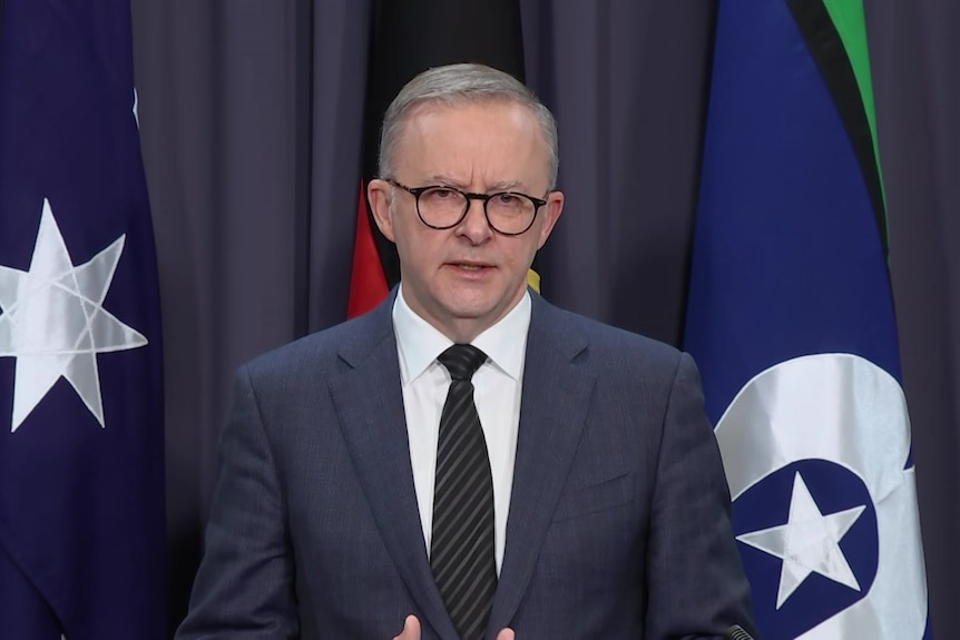 Anthony Albanese wearing glasses and a suit speaks at a microphone with Australian flags behind him