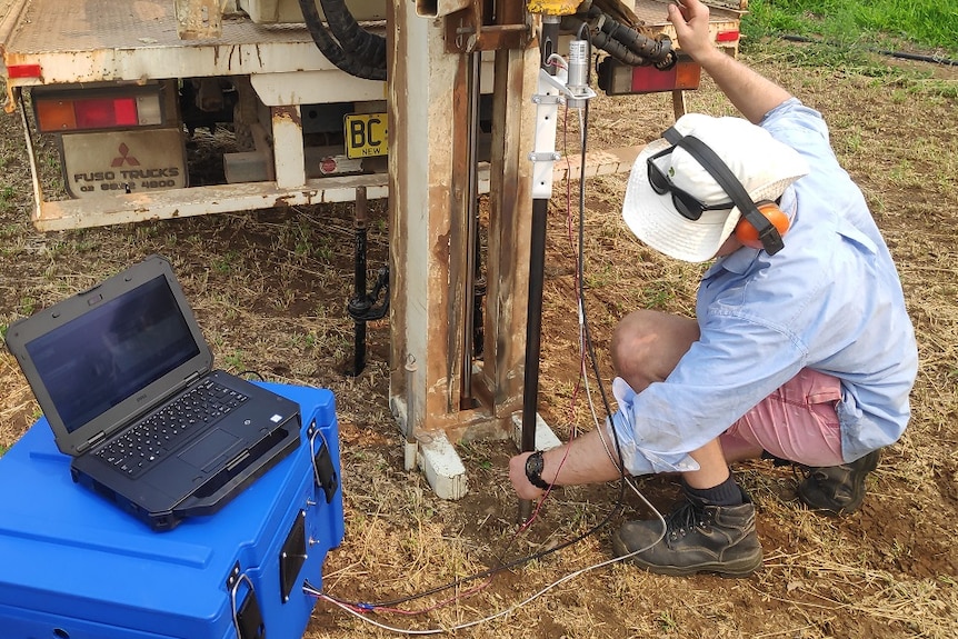 Soil carbon measurement equipment in the field.