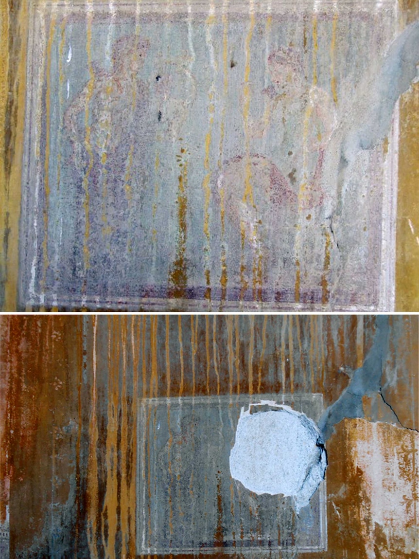 A Pompeii fresco before and after thieves chipped off part of the portrait of Greek goddess Artemis