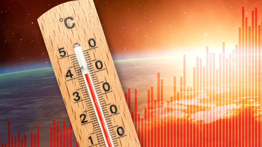 A graphic of a thermometer and the globe indicating rising heat