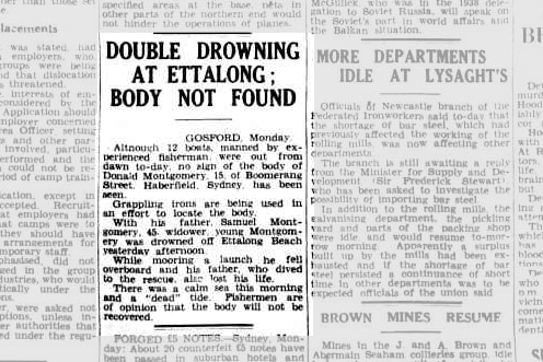 A newspaper clipping from a drowning at Ettalong