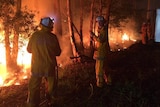 Justin Choveaux stands with another firefighter next to a vegetation fire at night.