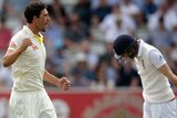 Mitchell Starc celebrates the wicket of Adam Lyth in the second Test