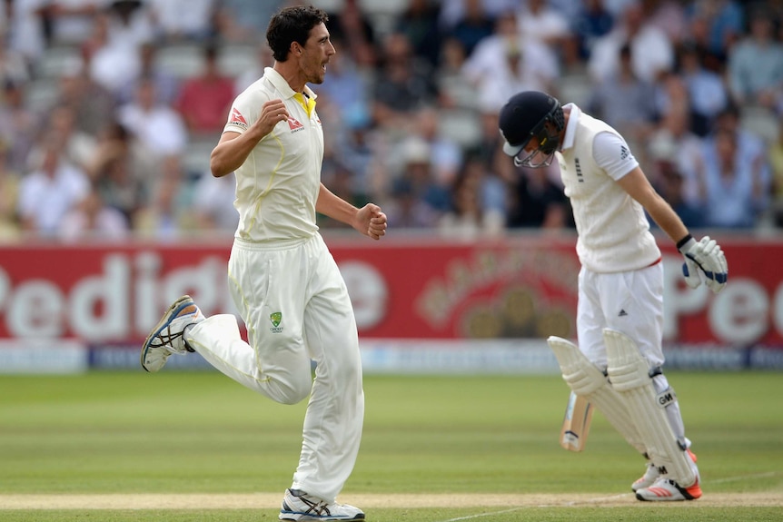 Mitchell Starc celebrates the wicket of Adam Lyth in the second Test
