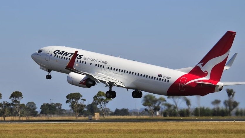 A Qantas jet takes off