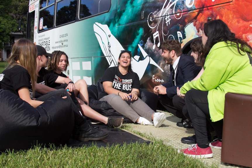 Regional Youth Support Service bus and youth leaders in Chippendale