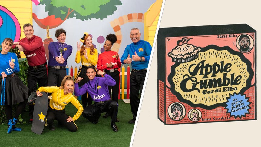 A press shot of The Wiggles 2022 lineup and the artwork for Lime Cordiale x Idris Elba's Apple Crumble
