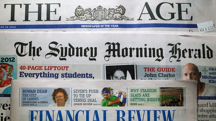 Mastheads of The Age, The Sydney Morning Herald and the Australian Financial Review, are pictured in