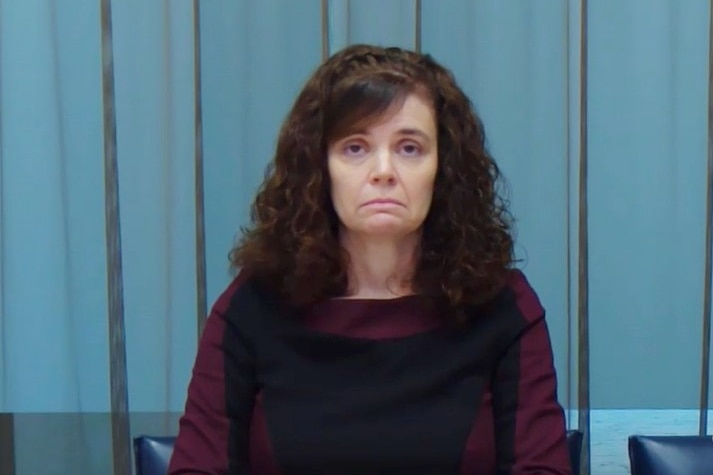 Cathy Allen looking glum as she appears via video link.