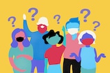 An illustration  depicting five people standing together with questions.