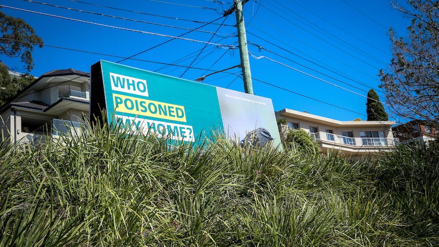 Green sign with text that says 'who poisoned my home?' surrounded by grass. 