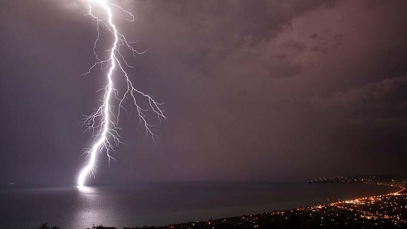 Lightning strikes the waters of Port Phillip Bay off the coast of Arthurs Seat