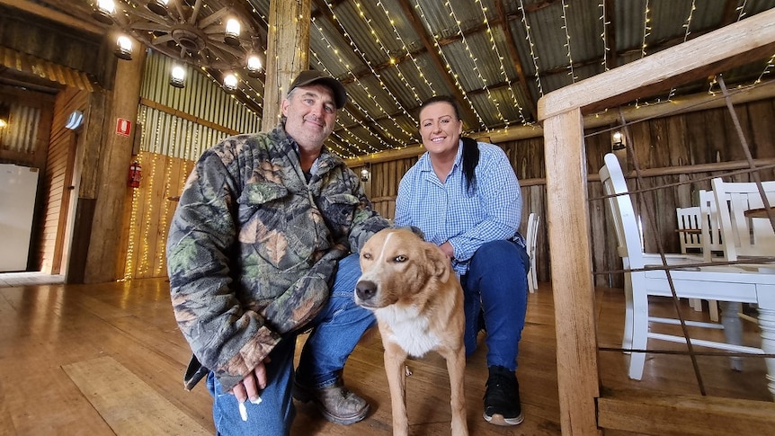 A man and a woman kneeling beside a labrador dog inside their wedding venue at a Tasmanian farm