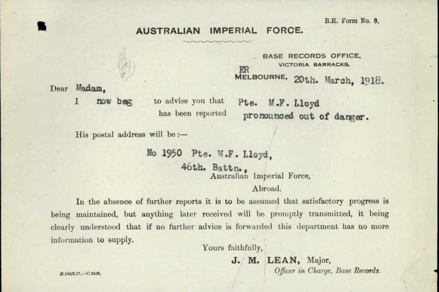 Letter declaring Private Lloyd was out of danger
