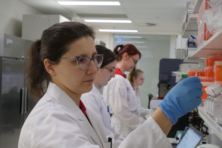 Four women in coats at work in a laboratory.