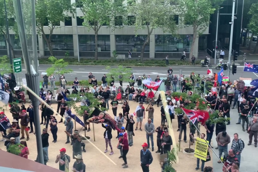 A crowd of protesters viewed through the second-storey window of a building.