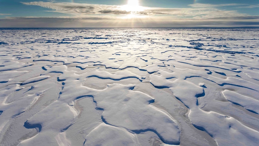 Melting sea ice in the Arctic Ocean with the sun sitting just above the horizon