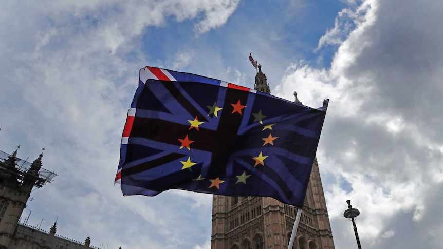 An EU flag is super-imposed over the Union Jack as they are waved near Westminster.