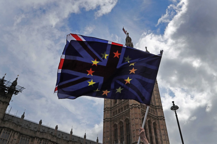 An EU flag is super-imposed over the Union Jack as they are waved near Westminster.