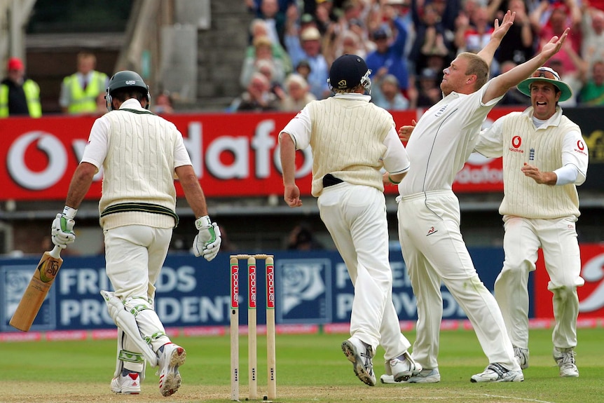 Andrew Flintoff celebrates the wicket of Ricky Ponting in 2005