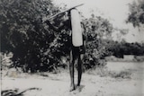 A black and white photo shows an Aboriginal man holding his shield in front of him with a stick raised above his head.