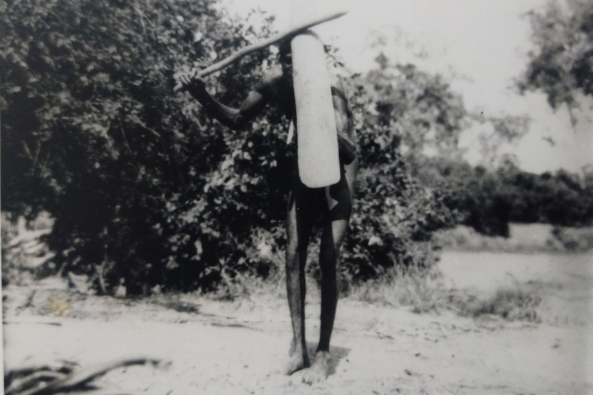 A black and white photo shows an Aboriginal man holding his shield in front of him with a stick raised above his head.