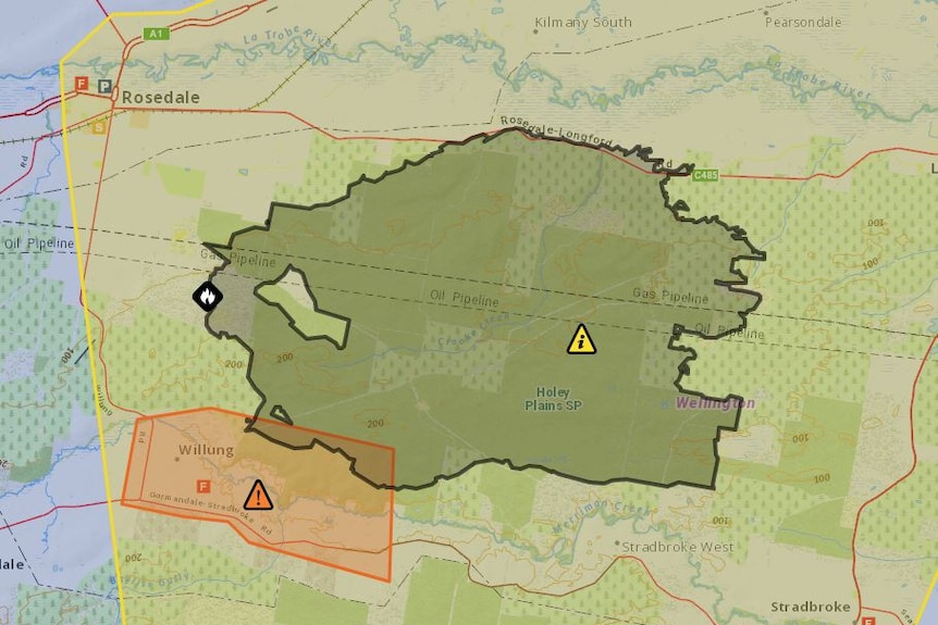 Map showing an area in orange where a watch and act warning has been issued