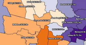 A Map shows electorates in Western Sydney where majority voted no or yes in the postal survey.