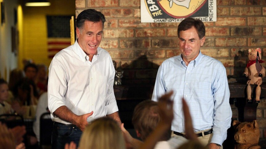 Republican presidential candidate Mitt Romney and US senate candidate Richard Mourdock campaigning in Evansville, Indiana