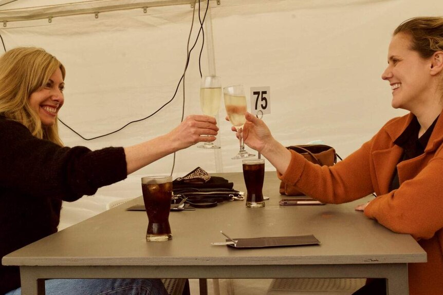 Two smiling women toast each other with glasses of champagne.