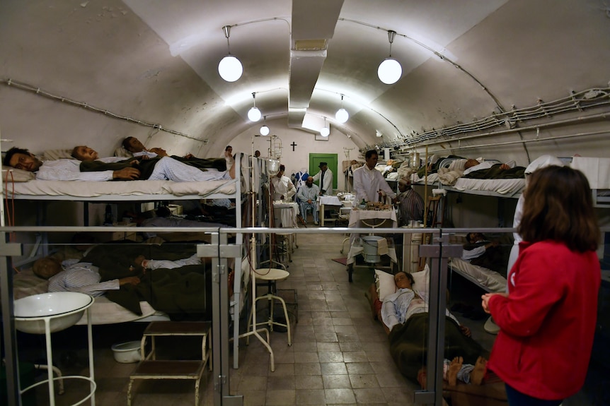 A hospital room with waxworks is pictured at the Rock Nuclear Bunker Museum in Budapest.