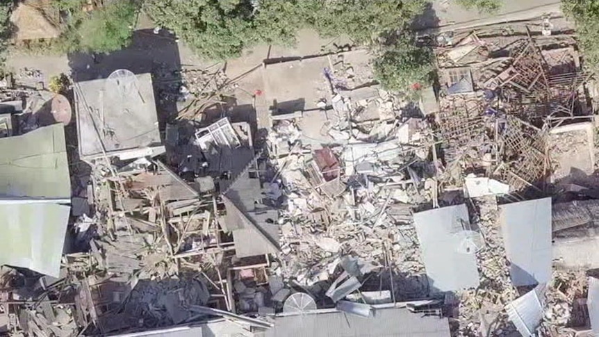 Drone footage shows the destruction after Lombok was shaken by a third large earthquake in little more than a week.