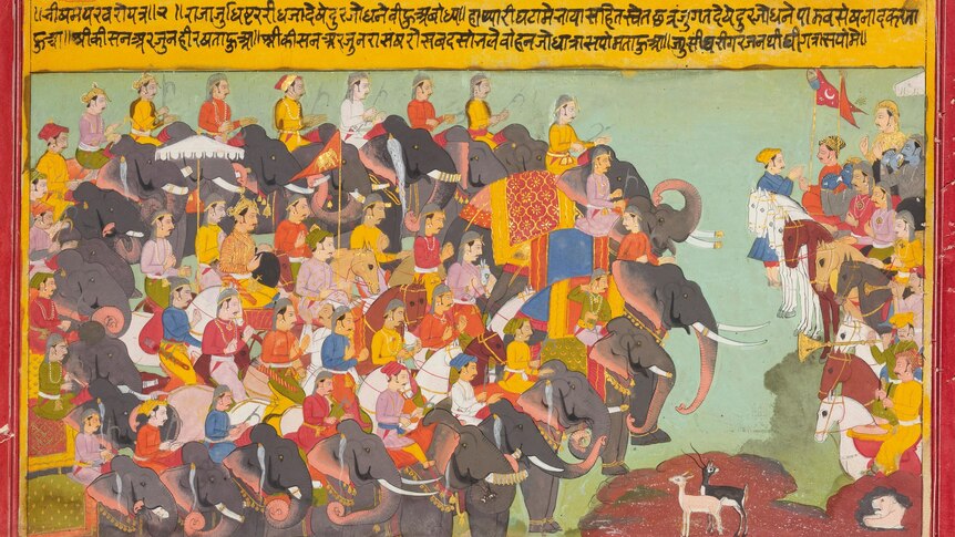 A traditional Indian illustration of a big group of men riding elephants and horses ready for war.