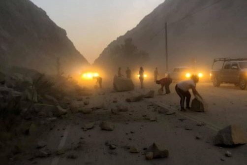 a rockslide on a road following a california earthquake