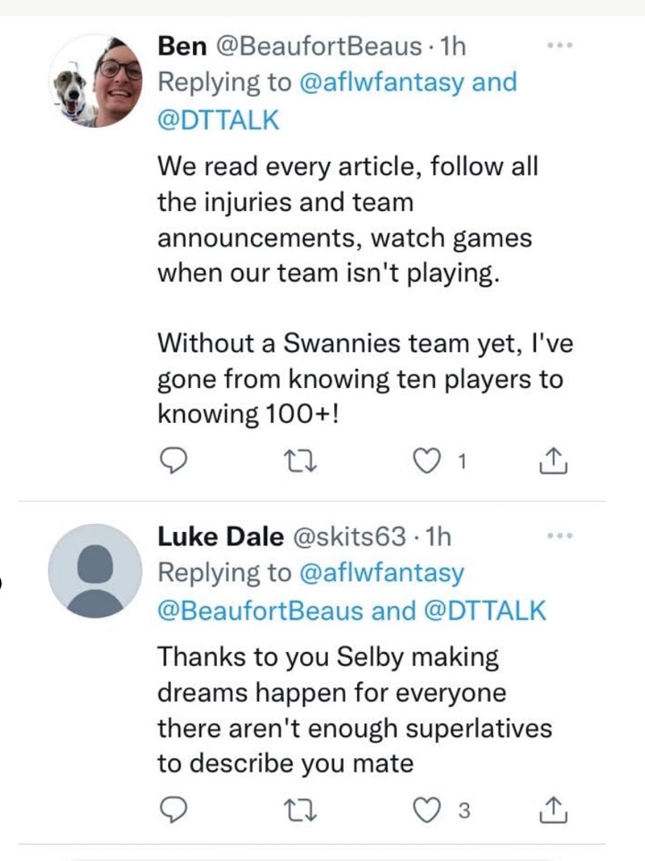 A screenshot shared by Selby Lee-Steere which shows how much fans are appreciating the AFLW fantasy competition