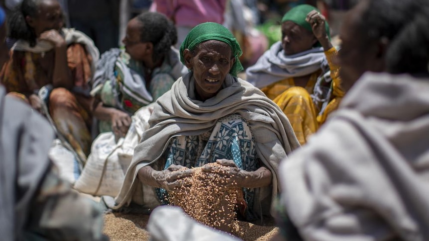 An elderly woman scoping grain with her hands in large crowd