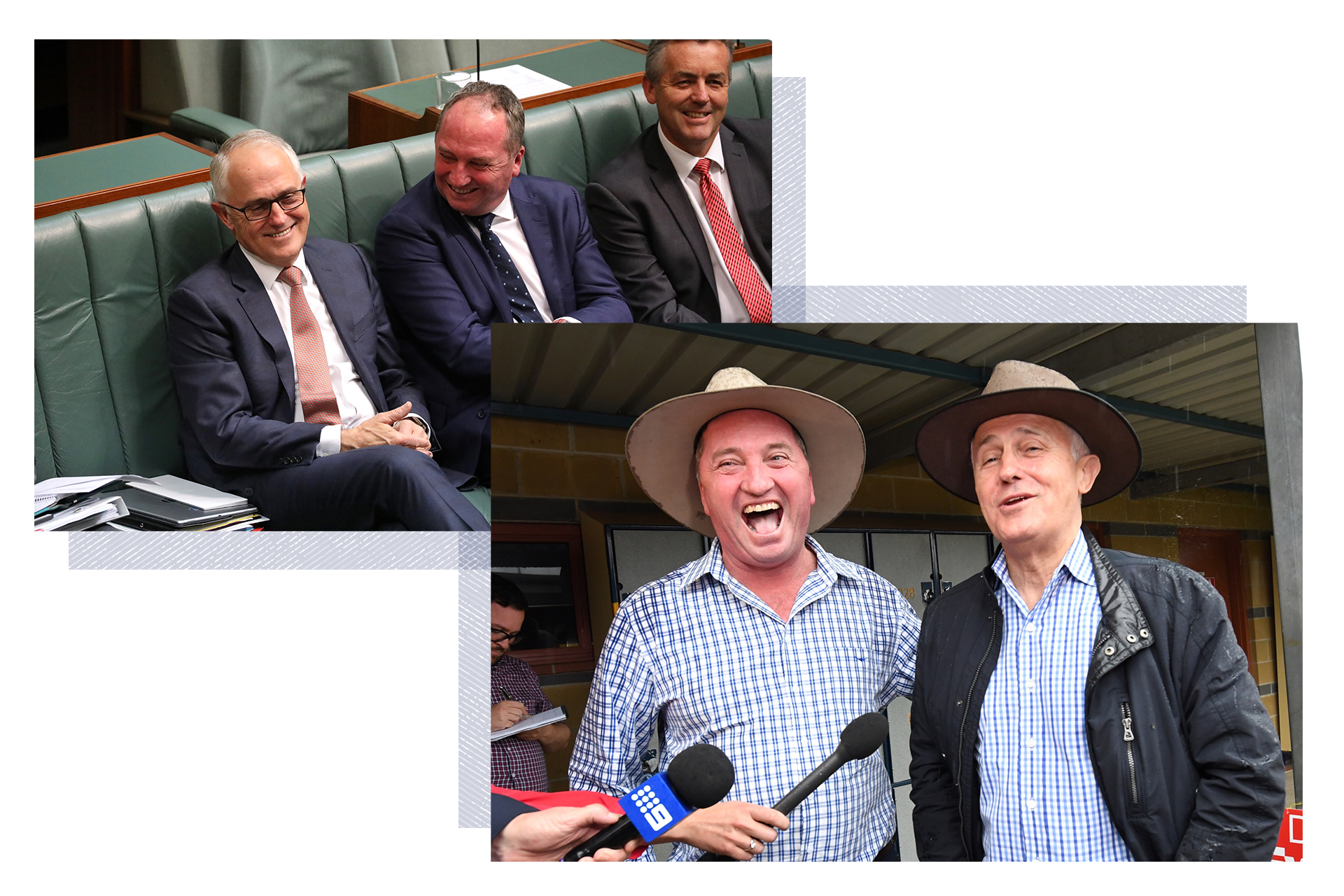Malcolm Turnbull and Barnaby Joyce smiling while sitting together in parliament, and while campaigning together. 