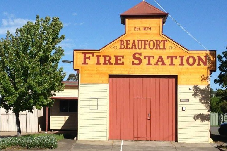 An old-style fire station with "Beaufort Fire Station" written on top.