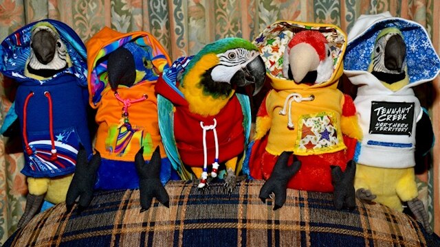 A parrot in a hoodie sits with other stuffed parrots in hoodies on a couch.