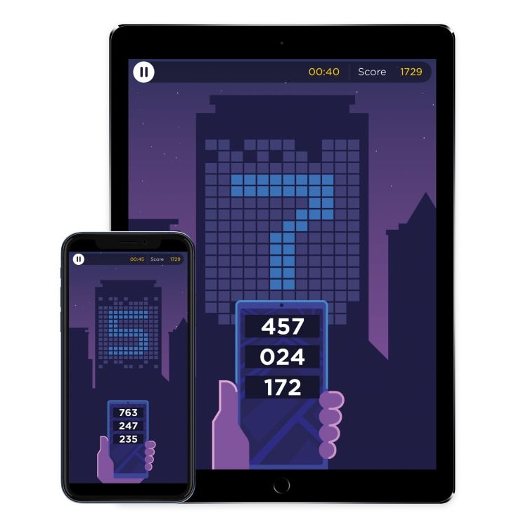 The Decoder app on iPad and iPhone with screens showing a purple cityscape and a hand holding a device with number sequences.