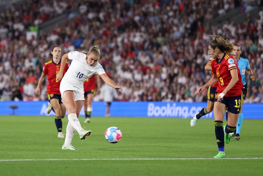 Georgia Stanway of England shoots in the Women's European Championship quarter-final game against Spain on July 21, 2022