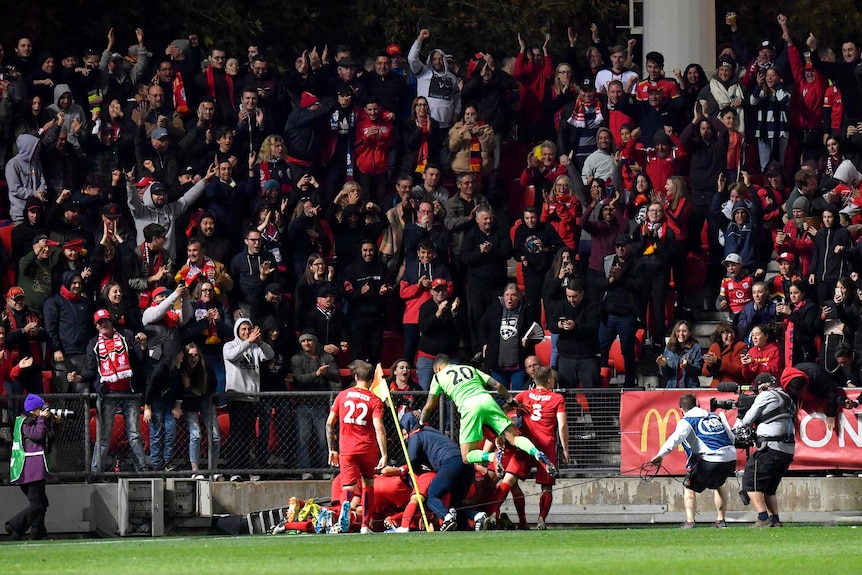 Adelaide United players jump into a pile of bodies in front of spectators in a grandstand